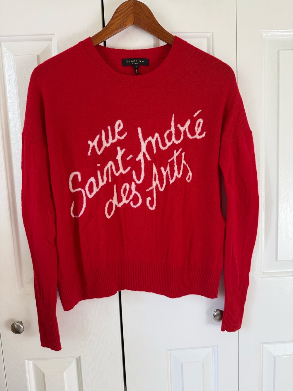 Grace Red Crewneck Sweater with White Script Writing